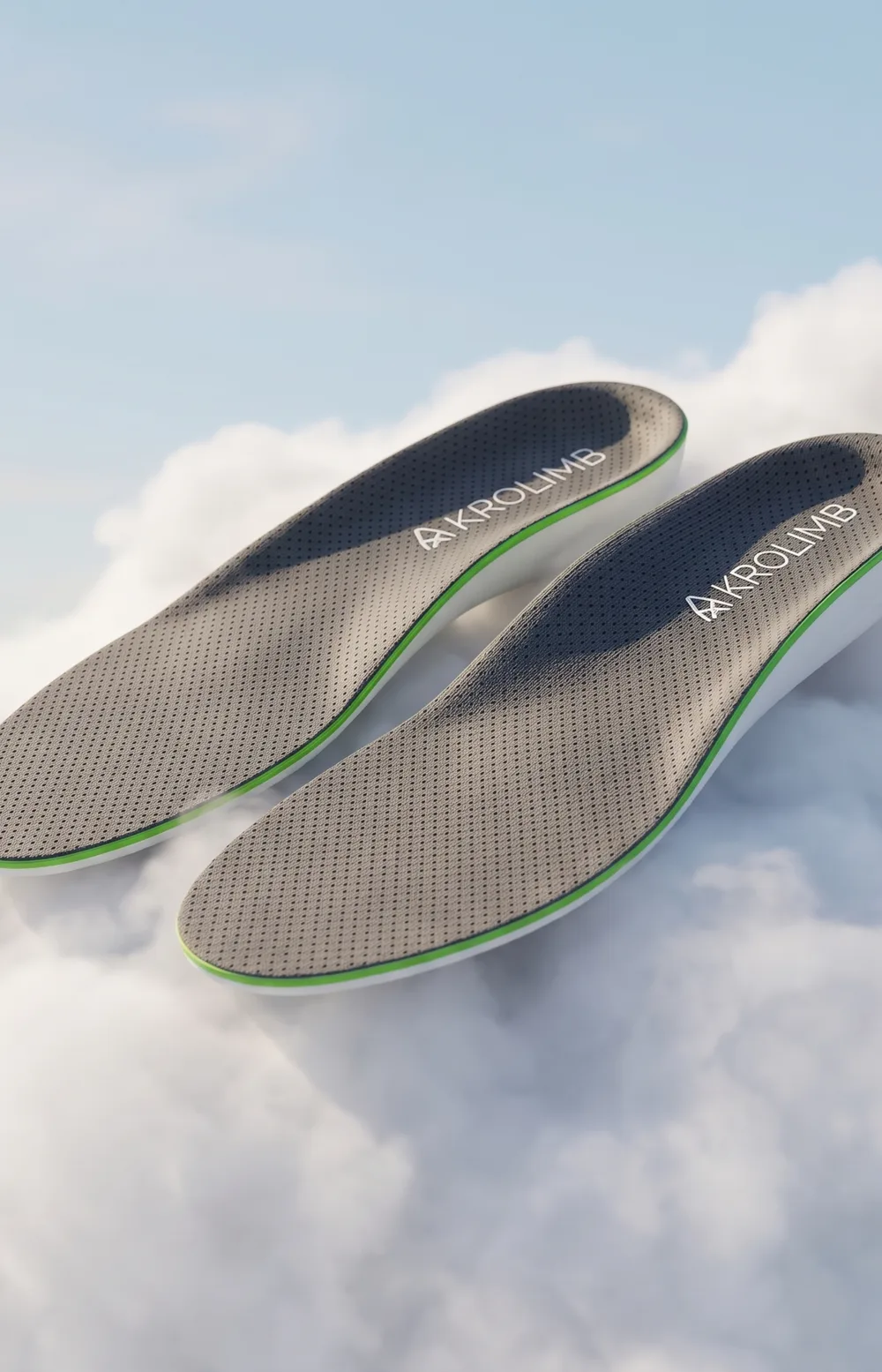 A pair of Akrolimb Comfort insoles resting on soft clouds